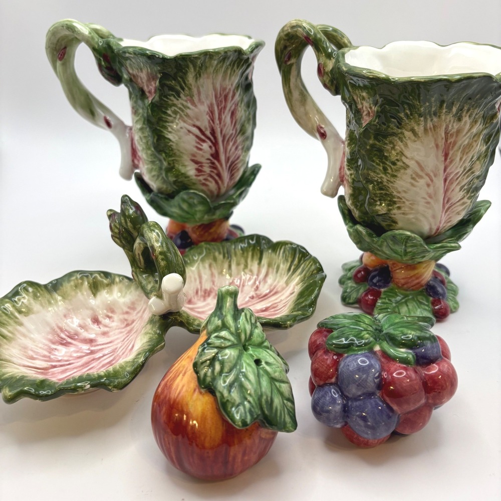 Vtg Fitz & Floyd Italian Fruit Garden Cabbage Mug Shaker Relish Set 5 Majolica